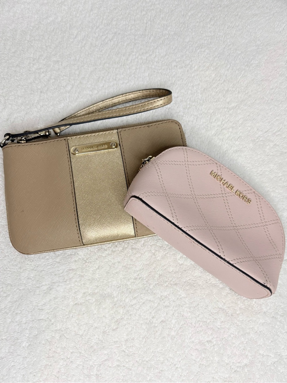 Michael Kors Gold and Tan Logo Wristlet Bundle